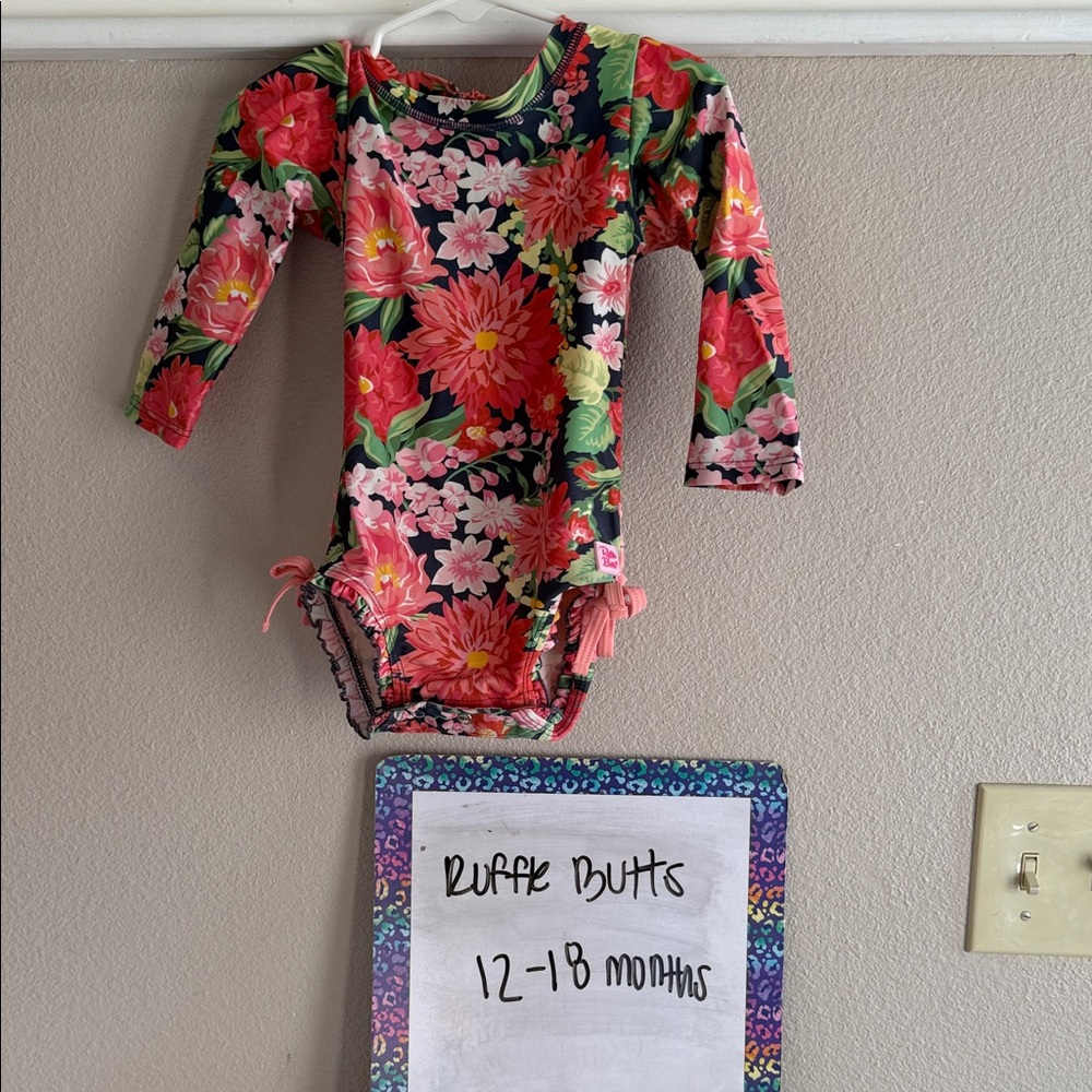 Ruffle Butts Floral Kids Swim One Piece - Pink and Green